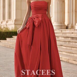 A-line Strapless Taffeta Long Slit Prom Dress with Pleated Bodice Bow